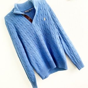 RALPH LAUREN POLO mens knit sweater pullover silk blue logo zip up long sleeve